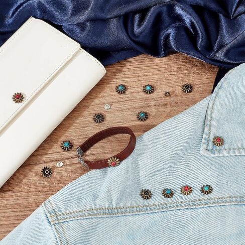 ADHANDMAKER 40 مجموعات الشمس زهرة الزخارف الزخرفية عتيقة الفيروز الاصطناعية الأزرار الملونة الخلفية لبرغي الجلود الظهر يدوي ديي البضائع الجلدية الملحقات in Kuwait