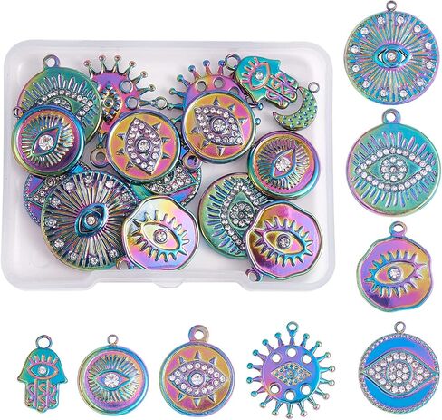 16 Pieces Evil Eye Charms 304 Stainless Steel Round Hamsa Hand Evil Eye Rhinestone Pendants for DIY Jewelry Making in Saudi Arabia
