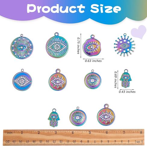 16 Pieces Evil Eye Charms 304 Stainless Steel Round Hamsa Hand Evil Eye Rhinestone Pendants for DIY Jewelry Making in Saudi Arabia