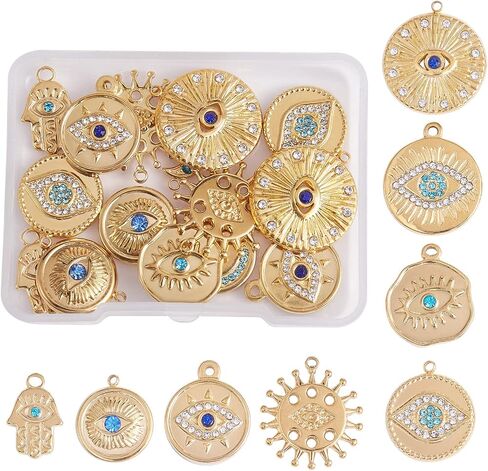 16 Pieces Evil Eye Charms 304 Stainless Steel Round Hamsa Hand Evil Eye Rhinestone Pendants for DIY Jewelry Making in Saudi Arabia