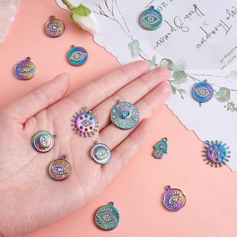 16 Pieces Evil Eye Charms 304 Stainless Steel Round Hamsa Hand Evil Eye Rhinestone Pendants for DIY Jewelry Making in Saudi Arabia