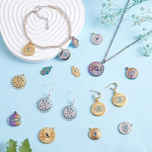 16 Pieces Evil Eye Charms 304 Stainless Steel Round Hamsa Hand Evil Eye Rhinestone Pendants for DIY Jewelry Making in Saudi Arabia