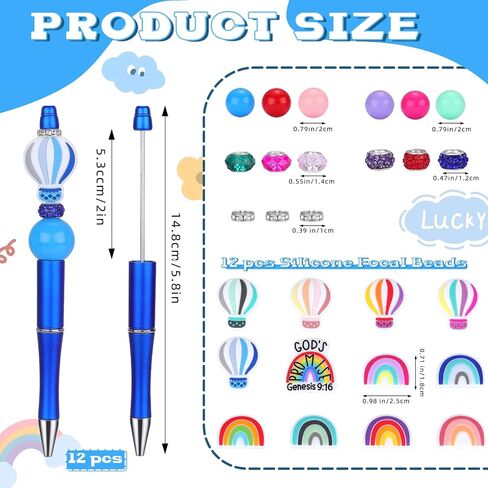 12 Pcs Saint Patrick's Day Beadable Pens Bulk Plastic Bead Pens with 20 Styles Accessories Silicone Beads and Acrylic Beads, Spacer Beads and more for DIY Four Leaf Clover Gift Making Kit in Kuwait