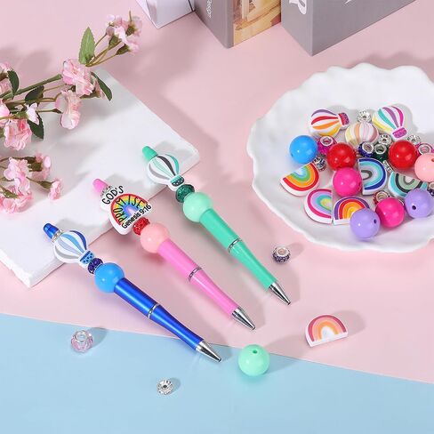 12 Pcs Saint Patrick's Day Beadable Pens Bulk Plastic Bead Pens with 20 Styles Accessories Silicone Beads and Acrylic Beads, Spacer Beads and more for DIY Four Leaf Clover Gift Making Kit in Kuwait
