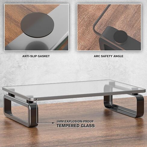 Hemudu Clear Computer Monitor Stand Riser Multi Media Desktop Stand for Flat Screen LCD LED TV, Laptop/Notebook, with Tempered Glass and Metal Legs, HD02T-001 in Kuwait