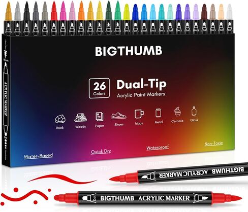 26 Colors Acrylic Paint Pens, Dual Tip Acrylic Paint Markers with Brush Tip and Dot Tip, Paint Markers for Painting Rock, Wood, Canvas in Kuwait