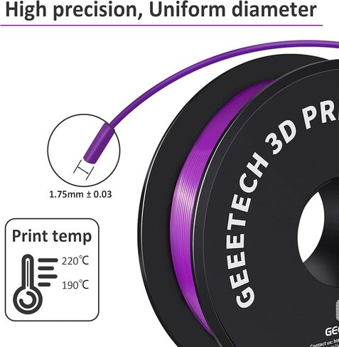 Geeetech Silk PLA Filament 1.75mm for 3D Printer, Metal-Like Shiny Consumable 1kg (2.2lbs) 1 Spool, Dimensional Accuracy +/- 0.03 mm,Metallic Silver in Kuwait