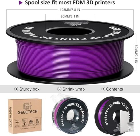 Geeetech Silk PLA Filament 1.75mm for 3D Printer, Metal-Like Shiny Consumable 1kg (2.2lbs) 1 Spool, Dimensional Accuracy +/- 0.03 mm,Metallic Silver in Kuwait