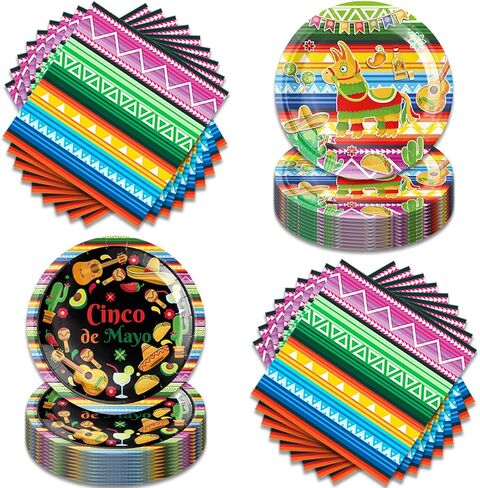 40pcs Mexican Fiesta Halloween Party Supplies - Plates and Napkins - Multicolor - Paper - Round - Mexican Theme - Party Decor Pack in Kuwait