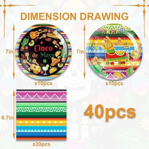 40pcs Mexican Fiesta Halloween Party Supplies - Plates and Napkins - Multicolor - Paper - Round - Mexican Theme - Party Decor Pack in Kuwait