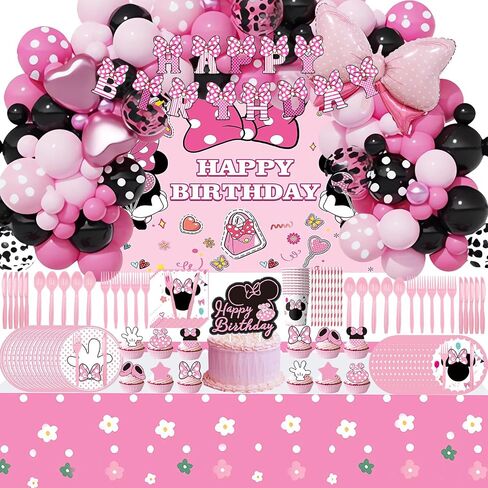 288 PCS Pink Mouse Birthday Decorations Serves 20 Guests Mouse Theme Party Decorations Include Balloons, Tablecloth, Backdrop, Cake Topper, Paper Plates and More Party Supplies for Girls in Saudi Arabia
