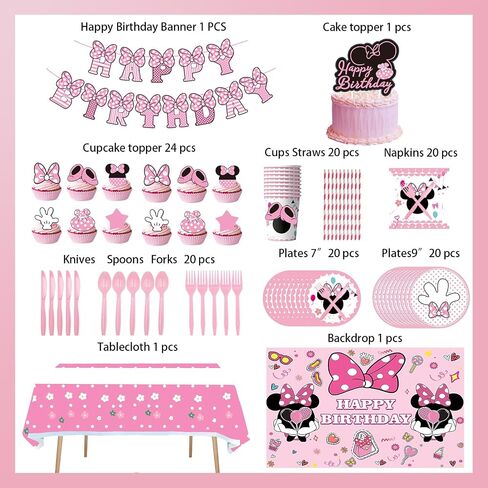288 PCS Pink Mouse Birthday Decorations Serves 20 Guests Mouse Theme Party Decorations Include Balloons, Tablecloth, Backdrop, Cake Topper, Paper Plates and More Party Supplies for Girls in Saudi Arabia