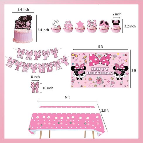 288 PCS Pink Mouse Birthday Decorations Serves 20 Guests Mouse Theme Party Decorations Include Balloons, Tablecloth, Backdrop, Cake Topper, Paper Plates and More Party Supplies for Girls in Saudi Arabia