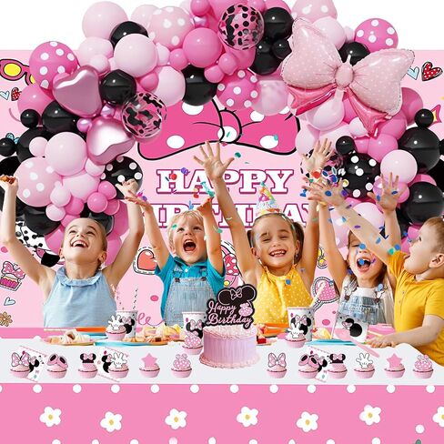 288 PCS Pink Mouse Birthday Decorations Serves 20 Guests Mouse Theme Party Decorations Include Balloons, Tablecloth, Backdrop, Cake Topper, Paper Plates and More Party Supplies for Girls in Saudi Arabia