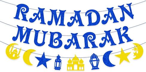 AhfuLife Ramadan Mubarak Banner Decorations, Pre-Tied Bunting Ramadan Mubarak Banner Party Supplies for Home Outdoor Indoor Umrah Mubarak Party Decor Moon Star Garland in Kuwait