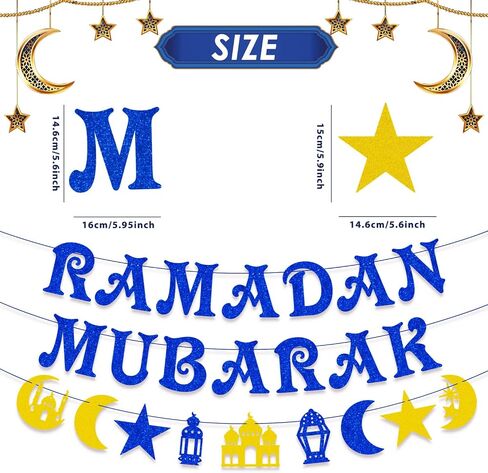 AhfuLife Ramadan Mubarak Banner Decorations, Pre-Tied Bunting Ramadan Mubarak Banner Party Supplies for Home Outdoor Indoor Umrah Mubarak Party Decor Moon Star Garland in Kuwait
