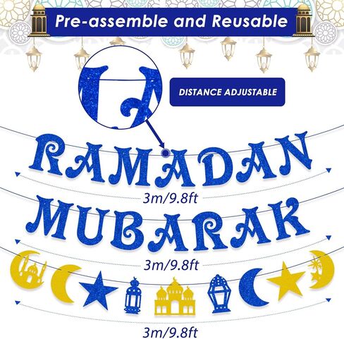 AhfuLife Ramadan Mubarak Banner Decorations, Pre-Tied Bunting Ramadan Mubarak Banner Party Supplies for Home Outdoor Indoor Umrah Mubarak Party Decor Moon Star Garland in Kuwait