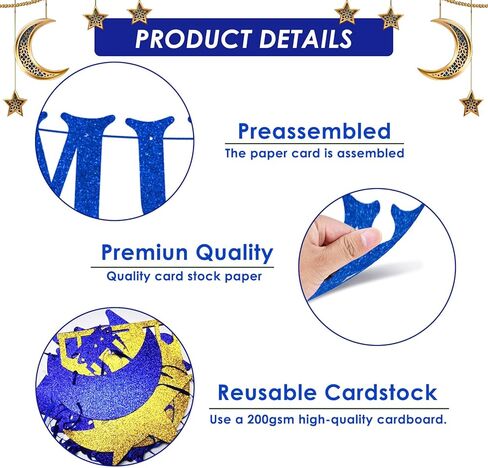 AhfuLife Ramadan Mubarak Banner Decorations, Pre-Tied Bunting Ramadan Mubarak Banner Party Supplies for Home Outdoor Indoor Umrah Mubarak Party Decor Moon Star Garland in Kuwait