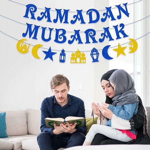 AhfuLife Ramadan Mubarak Banner Decorations, Pre-Tied Bunting Ramadan Mubarak Banner Party Supplies for Home Outdoor Indoor Umrah Mubarak Party Decor Moon Star Garland in Kuwait