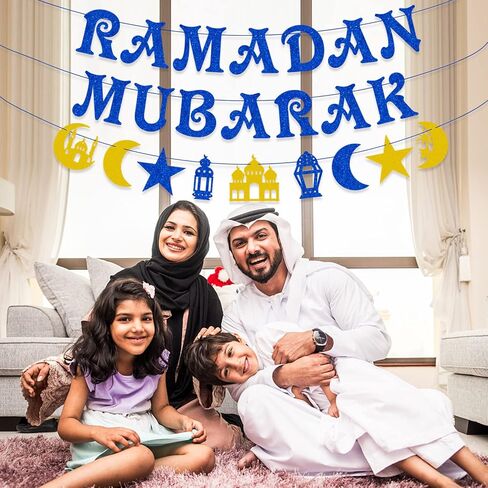 AhfuLife Ramadan Mubarak Banner Decorations, Pre-Tied Bunting Ramadan Mubarak Banner Party Supplies for Home Outdoor Indoor Umrah Mubarak Party Decor Moon Star Garland in Kuwait