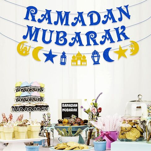 AhfuLife Ramadan Mubarak Banner Decorations, Pre-Tied Bunting Ramadan Mubarak Banner Party Supplies for Home Outdoor Indoor Umrah Mubarak Party Decor Moon Star Garland in Kuwait