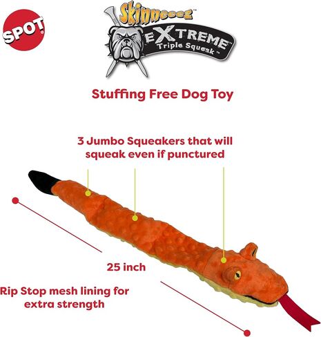 SPOT Skinneeez Extreme Triple Squeak Snake - Durable, Stuffing-Free Dog Toy with Rip-Stop Mesh & 3 Jumbo Squeakers, Built for Aggressive Chewers - Perfect for Medium to Large Dogs & Puppies, 25 inch in Saudi Arabia
