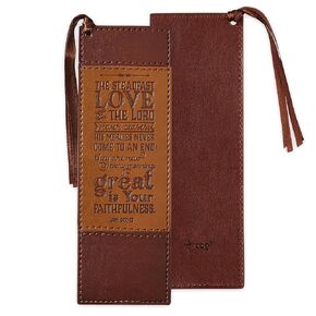 Christian Art Gifts Premium Vegan Leather Bookmark for Men: Steadfast Love - Lamentations 3:22-23 Inspirational Bible Verse, Heat-Debossed, Faith-Based Reading Accessory, Two-Tone Brown with Tassel