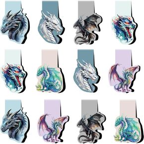 Dragon Magnetic Bookmarks Gifts - 12 Pcs Magnets Bookmark Aesthetic Fantasy Art MarkPage Clips Cool Animal Bookmarks for Kids Students Women Teacher Reading Party Office Accessories Gift
