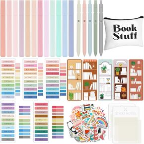 Book Annotation Kit Set of Pencil Case Pouch Included Annotating Bookmark Kit, Highlighter Marker, Pens, Sticky Notes, Book Tracker Bookmarks and Book Stickers for Reading (Classic)