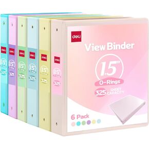 Deli 1-inch 3 Ring Binder with 2 Interior Pockets, 175 Sheets Capacity, 1 inch Binders fits 11" x 8.5" US Letter Size, Assorted 6 Pastel Colors, 6 Pack
