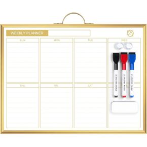 ARCOBIS Weekly Dry Erase Board for Wall, 12" x 16" Small Magnetic White Board Calendar Dry Erase, Double-Sided Whiteboard Planner for to Do List, Planning, Memo, School, Home, Office, Kitchen, Gold