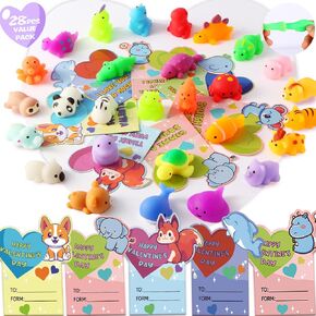 28 Pack Valentines Day Cards for Kids School with Mochi Squishy, Valentines Day Cards for Kids Funny Classroom Exchange and Party Favor Gifts