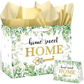 Housewarming Gifts Bag Home Sweet Home Gift Bag with Greeting Card Tissue Paper Green Leaves Floral Wrapping Paper Bag House Warming Party Favors Bag for New House Wedding Baby Shower Christmas Favor