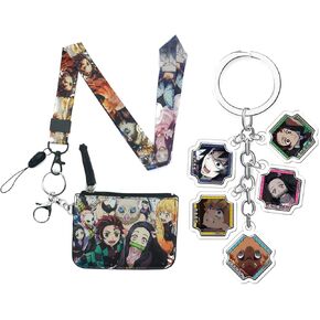 Anime Badge Wallet with Lanyard and Keychain, ID Card Holder Purse Pouch with Lanyard Card Case Neck Pouch Wallet Durable Card Holder with Zippers for Students Teens Girls Boys