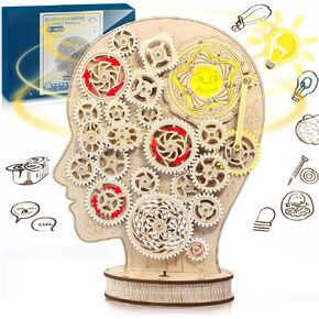 3D Wooden Puzzles for Adults, Brainstorming LED Skull Model Kit to Decorate Your Room, Mechanical Arts and Crafts Kit with Movable Gear, STEM Projects Science Gift for Teens Adults Ideas | 14+