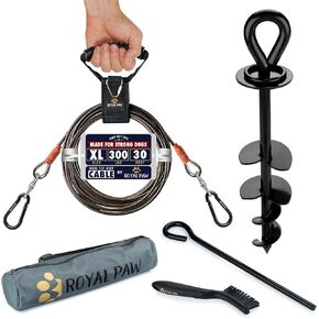 TIE DOG TIE OUT CABLE و SATE 30 قدمًا - للكلاب الكبيرة التي تصل إلى 300 رطل - حصة الشقوق والكلاب الثقيلة في Yard ، Beach & Camping Outside (Black ، L/XL - 30 قدمًا)