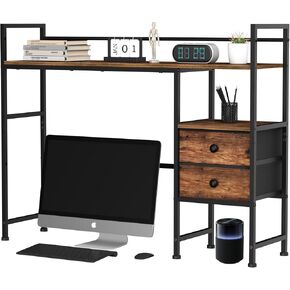 Desk Shelf,Desktop Organizer Shelf for Computer Monitor, 3 Tier Desktop Display Rack and 2 Fabric Drawers, Wood Desktop Bookshelf Storage Rack for Home Office,Dorm, Rustic Brown