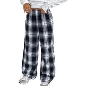SHENHE Girl's Plaid Pants Elastic Waist Loose Pants Buffalo Plaid Straight Leg Pants