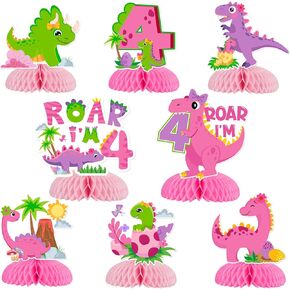 Dinosaur 4th Birthday Decorations Girl, 8pcs Pink Dinosaur 4th Honeycomb Centerpieces, Double Sided Dinosaur Theme Table Decorations for Roar Im 4 Birthday, Dino Four Birthday Party Supplies