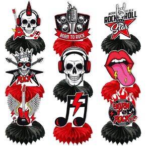 9 Pcs 1950s Rock and Roll Party Decorations Paper Honeycomb Centerpieces Sign,Born to Rock Music Theme Skull Music Note Table Topper for 50s Rock Music Birthday Party Table Decoration Supplies