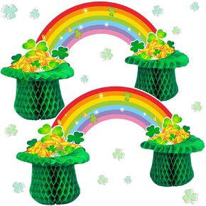 Jenaai 2 Pcs St Patricks Day Table Decorations Honeycomb Centerpieces 3D Shamrock Honeycomb Paper Centerpiece Rainbow Centerpieces Irish Table Topper Irish Decorations for Saint Patrick Party Supplies