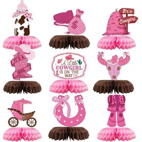 9Pcs Western Cowgirl Table Honeycomb Decorations, Wild West Baby Shower Table Centerpieces, It's a Girl Mexican Gender Reveal Party Favor Decoration Supplies