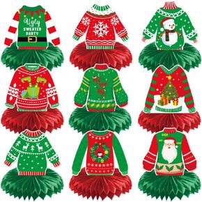 Christmas Honeycomb Centerpieces, Christmas Sweater Table Centerpieces, Ugly Christmas Sweater Party Decorations, Winter Holiday Party Supplies, Christmas Party Decorations, 9Pcs