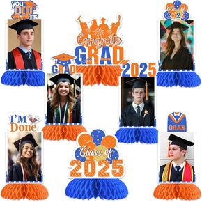JOYMEMO 8Pcs 2025 Graduation Themed Honeycomb Centerpieces, Orange Blue Congrats Grad Photo Decorations, Graduation Photo Table Topper Decor Supplies, Graduation Photography Photo Booth Props