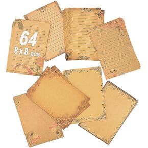 64 pcs 8 Styles Stationery Paper Set, 5.7 x 8.3 inch A5 Size Vintage Retro Floral Blank Lined Letter Writing Paper Stationary for Antique Personalized Letters, Notes, Creative Poems, Lyrics