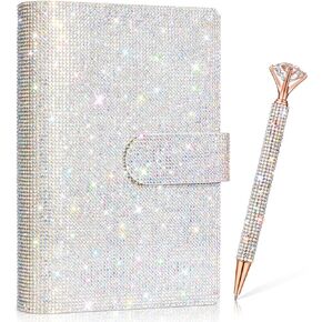 A6 Rhinestone 6 Ring Notebook Binder with Diamond Pen Set Silver Bling Office Accessories Supplies for Women Teen Girls Glitter Gift Set