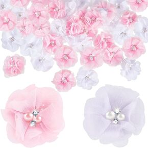 36 Pcs Fabric Flowers for Crafts Dresses Pink White Chiffon Flowers Small Ribbon Bows Rhinestone Pearl DIY Hair Dressing Accessories for Women Ladies