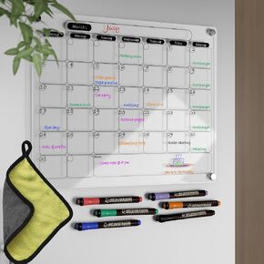 Acrylic Magnetic Dry Erase Calendar for Fridge Clear Blank Whiteboard Planner Erasable Planning Board 16" x 12" w/ 6 Dark Color Wet Erase Marker