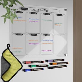 Acrylic Magnetic Dry Erase Calendar for Fridge Clear Blank Whiteboard Planner Erasable Planning Board 16" x 12" w/ 6 Dark Color Wet Erase Marker in Kuwait