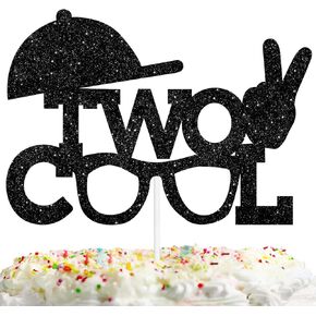 Black Glitter Two Cool Hat Cake Toppers Little Man Sunglasses 2 Years old Theme Decor Supplies Baby Shower Boys Girls Happy Birthday Party Decorations